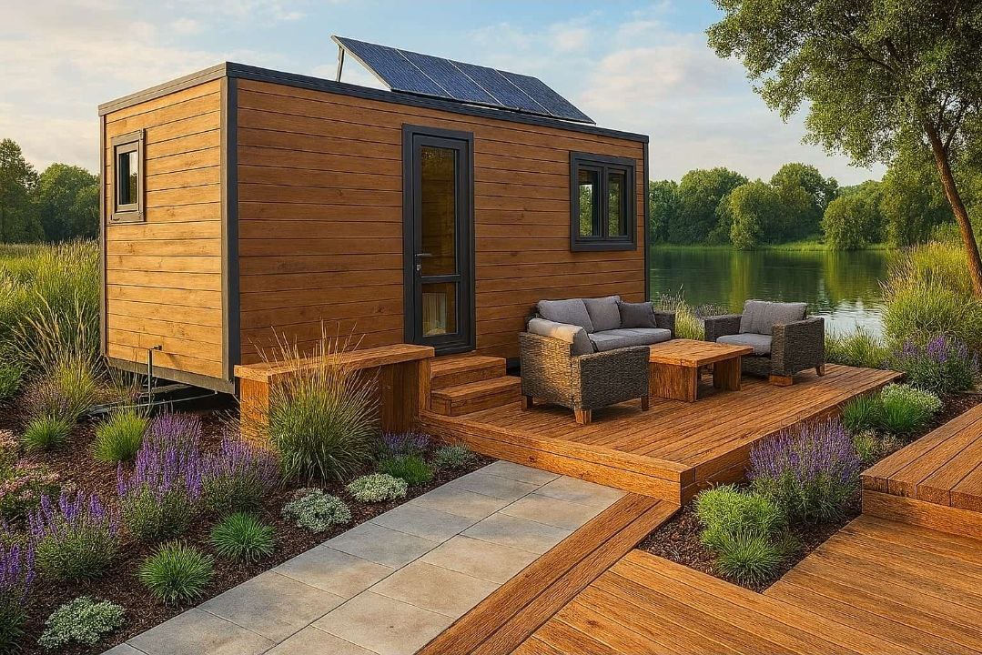 modern luxurious outdoor wooden sauna cabin made of thermowood in a beautiful nature setting near water, evening lighting, architectural photography